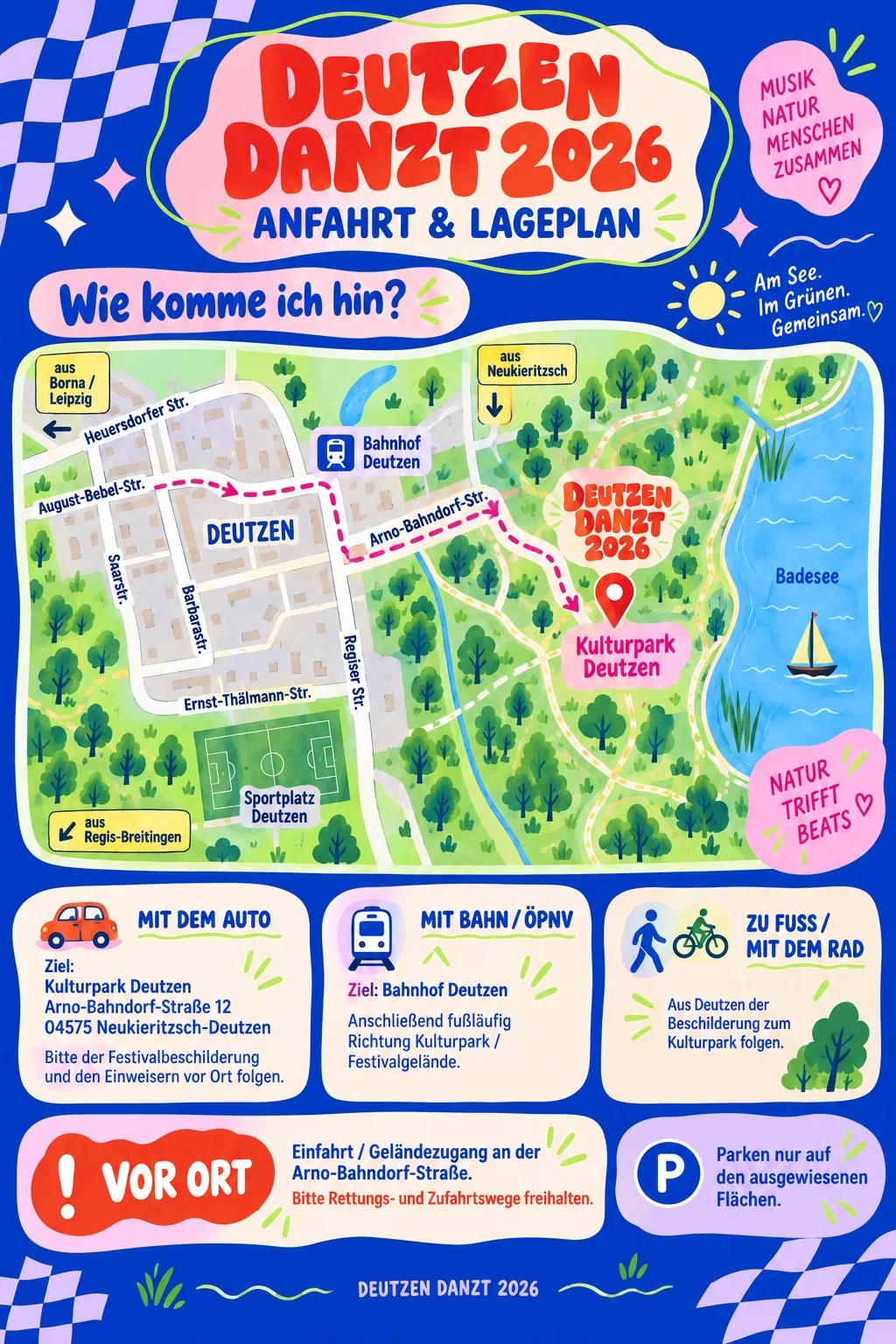 Anfahrtsgrafik von 2026 mit Bahnhof Deutzen und Kulturpark
