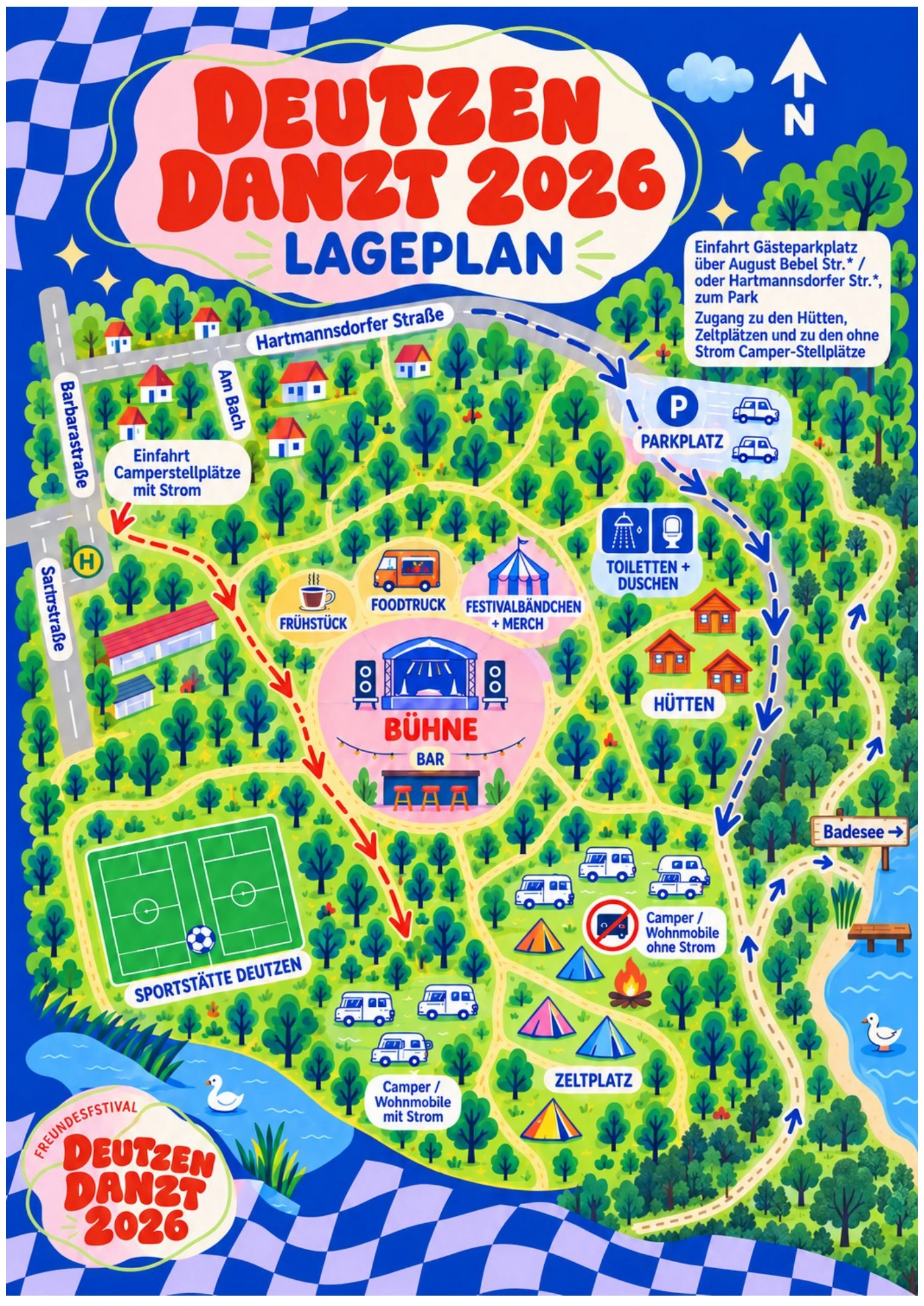 Illustrierter Lageplan 2026 mit Bühne, Bar, Waschhaus, Hütten, Campingflächen und Parkplatz