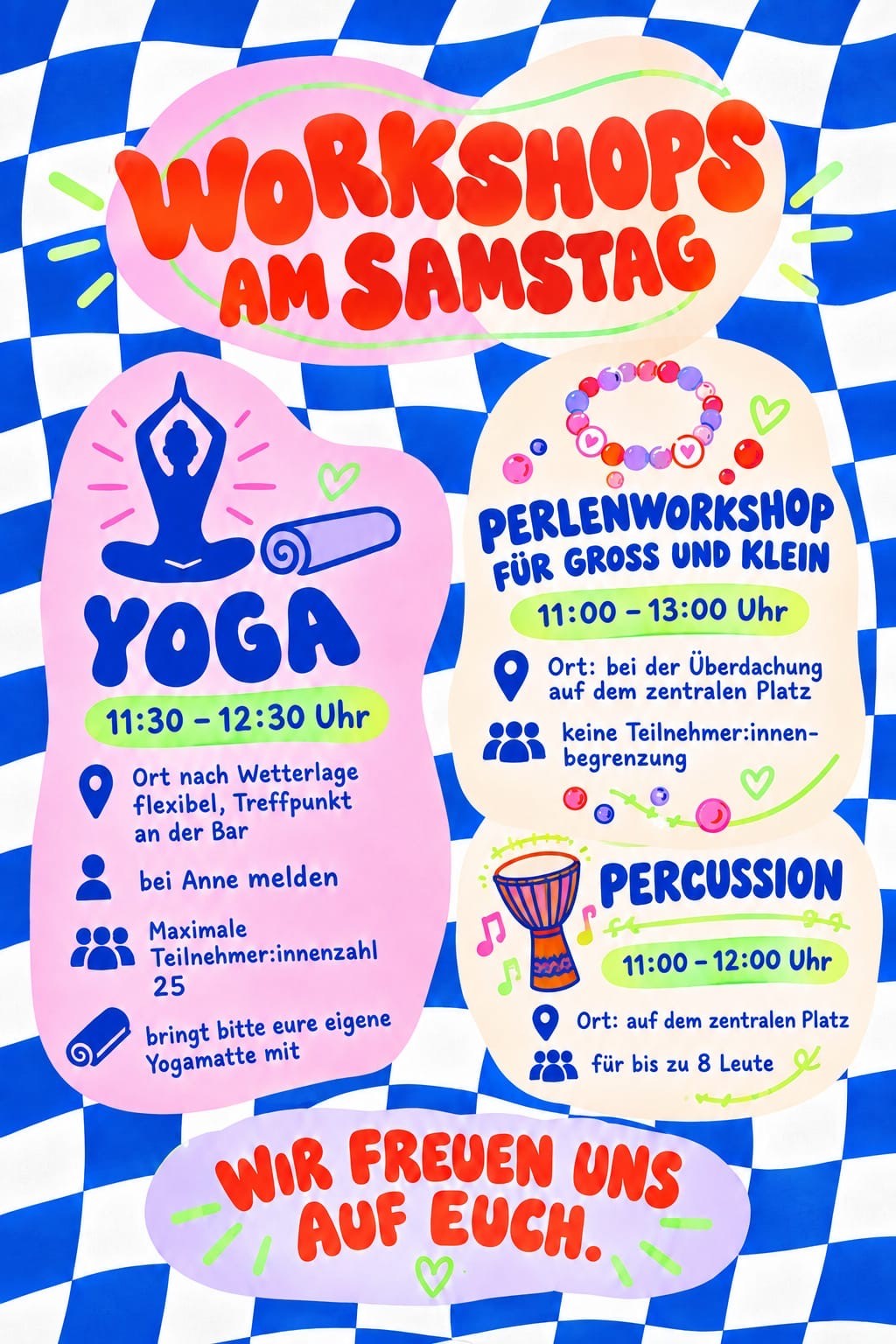 Original-Workshopposter 2026 mit Yoga, Perlenworkshop und Percussion